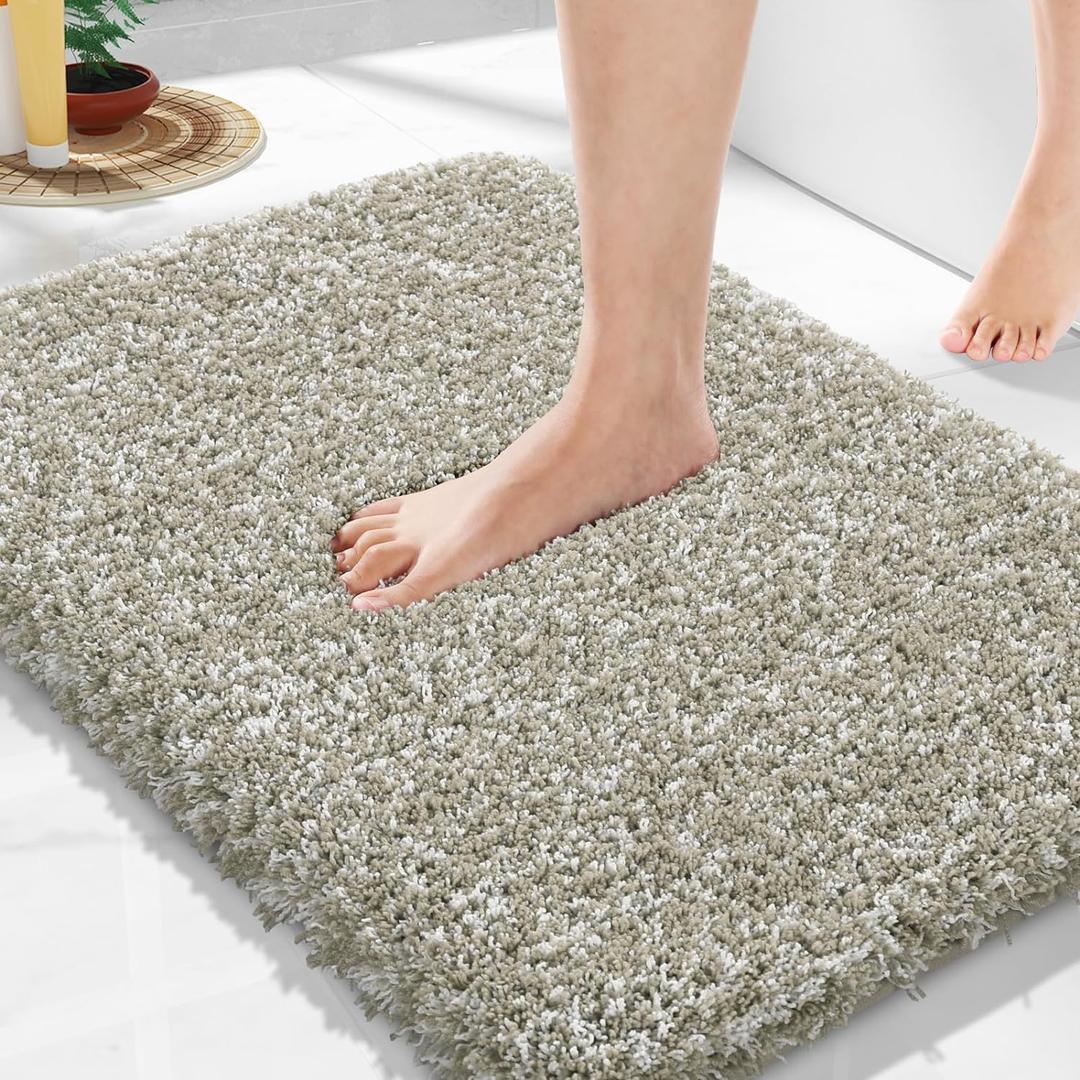 Yimobra Bathroom Rugs Non Slip Washable 24x17, Ultra Soft and Water Absorbent Bath Mats, Plush Fluffy Shower Mat Outside, Microfiber Thick Matts for Bathroom Floor/Sink, Light Tan and White (17" x 24", Light Tan and White)