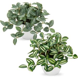 Hollyone Fake Plants 2 Packs Artificial Plants Indoor Faux Plants with White Plastic Pot Small Fake Potted Plant for Home Aesthetic Living Room Bathroom Desk Shelf Office Decor