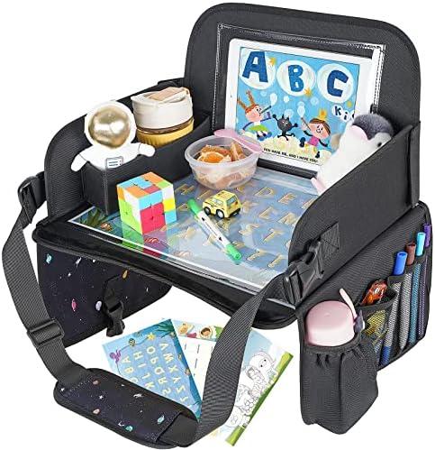 MENZOKE Kids Travel Tray, Travel Tray for Kids Car Seat with Educational Drawing Board, Tablet Holder & Cooler Cup Holder, Portable Road Trip Essentials Child's Gifts for Car Trip, Airplane, Black