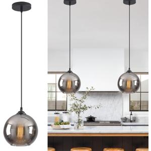 Mirror Smoke Grey Glass Pendant Light Kitchen Island, 7.5" Black Globe Pendant Lights for Dining Table, E26 Mid Century Height Adjustable Grey Mercury Glass Hanging Lamp for Kitchen Over Sink