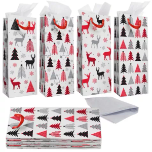 Bright Creations 12 Pack Christmas Wine Gift Bags with Tissue Paper, Christmas Tree and Reindeer