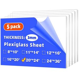 (5 Pack) 20" x 24" Clear Plexiglass Sheets 1/8 inch Thick (3mm)