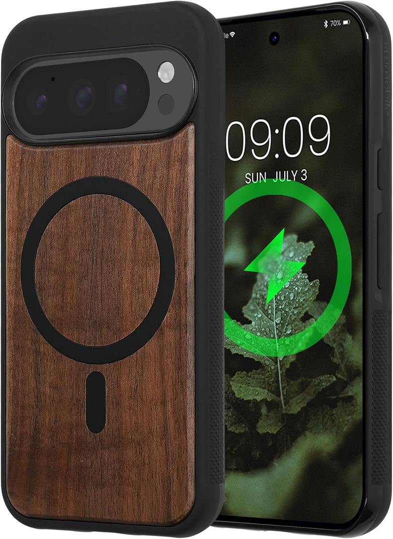 kwmobile Case for Google Pixel 10 / Pixel 10 Pro Case - Compatible with MagSafe - Shock Absorbing TPU Phone Cover - Edge Protection - Dark Brown Wood