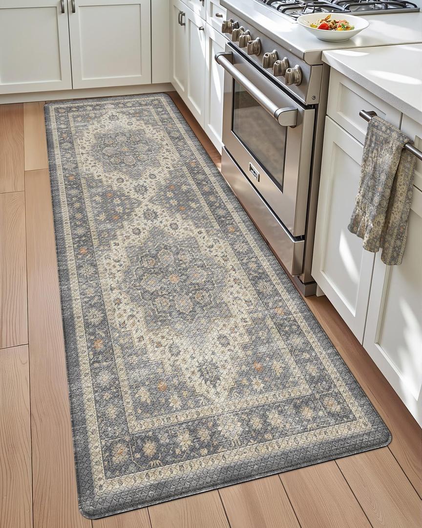 DEXI Kitchen Floor Mats Anti Fatigue, 17x59 Cushioned Vintage Runner Rug Waterproof, Standing Comfort Memory Foam Padded for Front Sink Laundry Office, Dark Grey