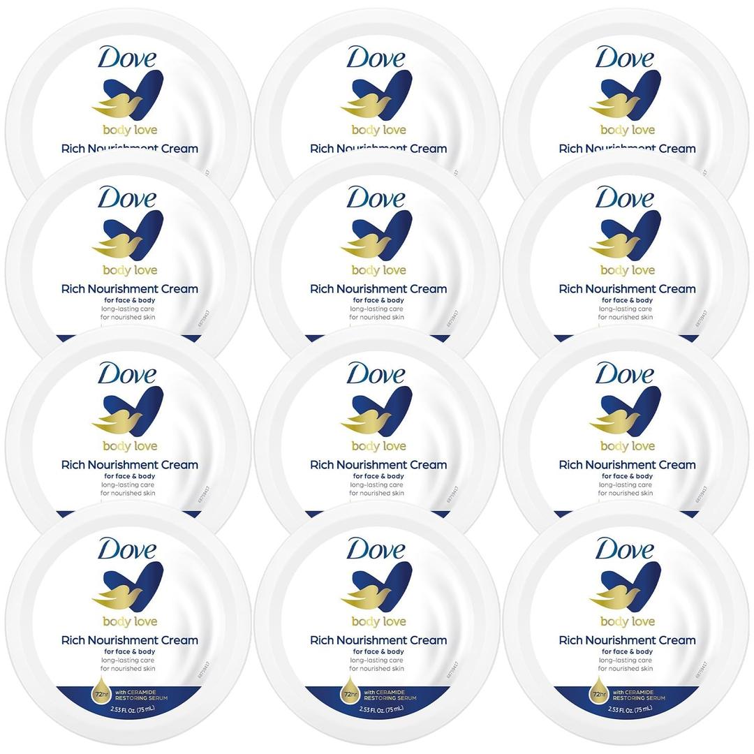 Dove Body Love Rich Nourishment Cream, Face, Hand and Skin Lotion for Extremely Dry Skin, Fast-Absorbing 72-Hour Moisturizing Formula with Ceramide Serum, Travel Size, 2.53 OZ (Pack of 12)