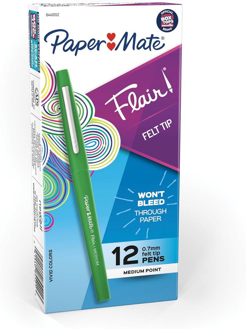 Paper Mate Flair Felt Tip Pens, Medium Point (0.7mm), Green Ink, 12 Count - Writing, Journaling, Desk Supplies