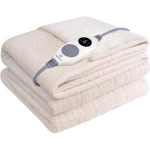 Westinghouse Heated Throw Blanket, Flower Jacquard Electric Blanket Throw with 6 Heating Levels and 2-10 Hours Auto-Off, Flannel to Sherpa Super Cozy Heated Blanket, Machine Washable (50" x 60" Beige)