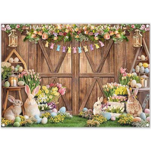 ZTHMOE Fabric 7x5ft Spring Easter Photography Backdrop Rustic Barn Wooden Door Floral Rabbits Colorful Eggs Bunny Background Kids Adults Party Decoration Photo Banner Props