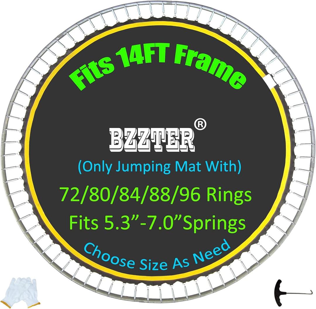 Trampoline Replacement Mat,Fits 14ft Round Frame,with 72 80 84 88 96 Rings for Choose,Fits 5.3-7 Inch Springs,10 Rows of Stitching,w/Pull Hook and Gloves,14ft Trampoline Mat