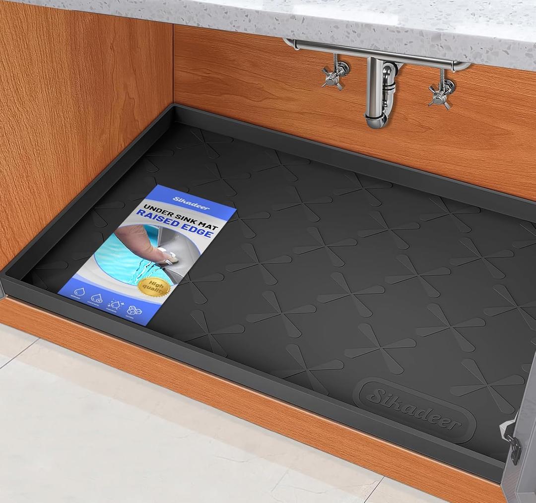 SIKADEER 22" x 22" Under Sink Mat Waterproof, Silicone Mat Kitchen Drawer Shelf and Cabinet Liner, Sink Protector for Kitchen Organizers and Storage, Boot Tray Pet Food Mats (Black)