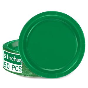 QZYL 50 PCS Disposable Paper Plates, 9 Inches Dinner Paper Plates Set, Green Heavy Duty Tableware, Round Dinnerware for Daily Use Picnic Anniversary Birthday St Patricks Day Party Supplies