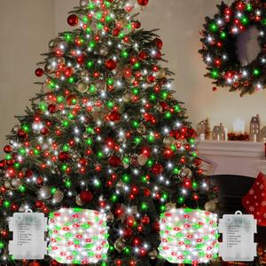 echosari 2 Pack Red White and Green Christmas Fairy Lights Battery Operated, 200 LED 66Ft Silver Wire Starry String Lights Auto Timer 8 Modes Waterproof Mini Lights for Wreath DIY Fence Decor
