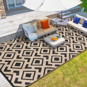 wikiwiki Outdoor Rug, 5x8ft Waterproof Reversible Mat Indoor Outdoor Rugs Carpet, Small Area Rug Plastic Straw Rug for Patio Deck Balcony Pool RV Camping Beach Picnic, Black & Beige, Rugscape Series