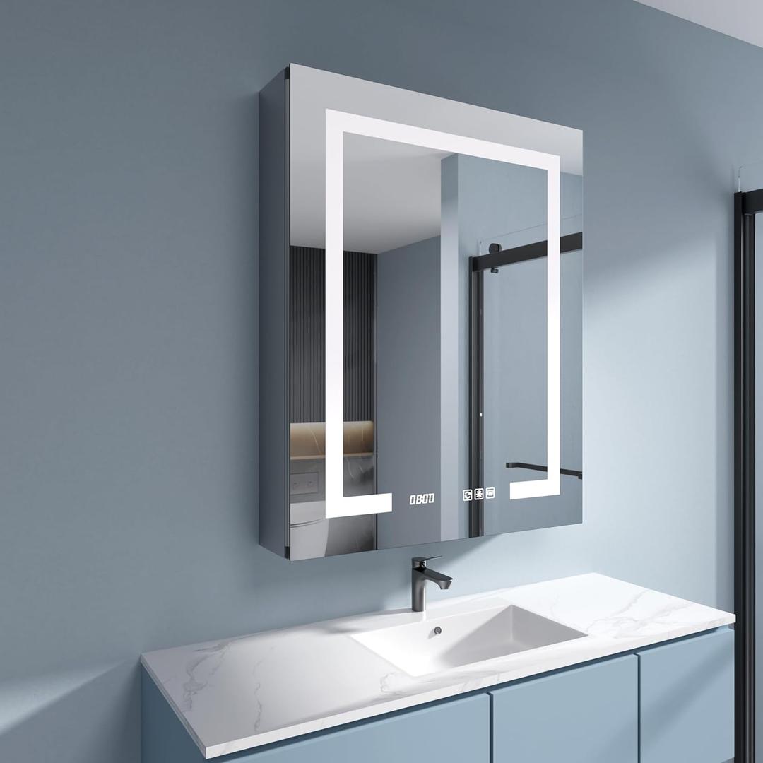 LED Medicine Cabinet 24x30 Anti-Fog Mirror Dimmable Recessed Mount