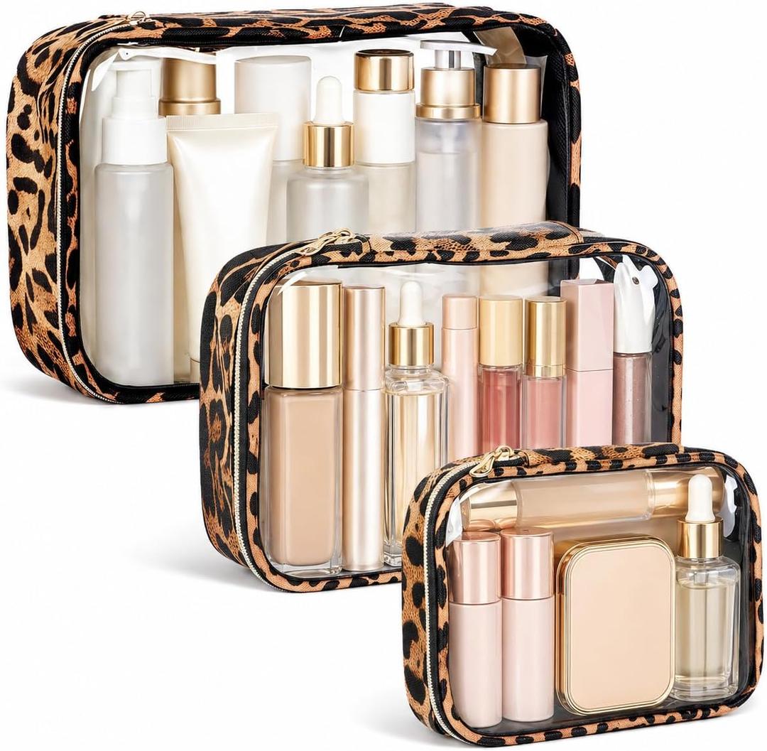 Clear Makeup Bags with Zipper, TSA Approved Travel Toiletry Bag, 3-Pack (Large, Small & Mini) Clear Cosmetic Bag, Waterproof Make Up Bag for Women, Car Bag Organizer & Car Organization Essentials