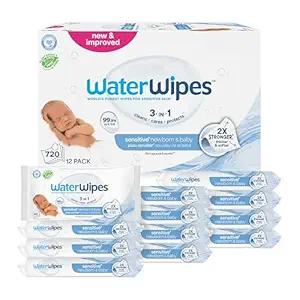 WaterWipes Sensitive+ Newborn & Baby Wipes, 3In1 Cleans, Cares, Protects, 99.9% Water, Unscented & Hypoallergenic, 720 Count (12 Packs)