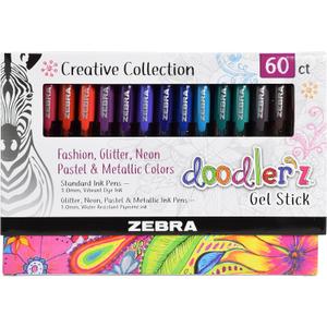 Zebra Pen, doodlerz Gel Stick Pens, 1.0mm Needle-Point Tip, Glitter, Neon, Pastel, Metallic Gel Ink, Vibrant Assorted Colors, Water-Based Ink, Art and School Pens, 60 Count Pack (41960)