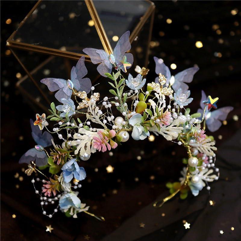 Flower Crown for Women, Adjustable Butterfly Handmade Garland Crown Hair Wreath for Wedding Festival Party Floral Crowns for Girls Headhand Hair Accessory (Blue, Adjustable) (1 Count (Pack of 1))