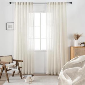 DUALIFE Cream Beige Natural Linen Semi Sheer Window Curtain 84 Inch Length Panels Drapes for Living Room Boho Neutral Rod Pocket Back Tab Long Curtains Set 2 for Farmhouse Decor Bedroom, Ivory, 52 x 84