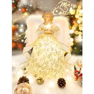 HOHOTIME 12'' Angel Tree Topper with White Feather Wings and Gold Skirt, Christmas Tree Topper with LED Light for Tree Toppers Holiday Ornament Decorations, Gold