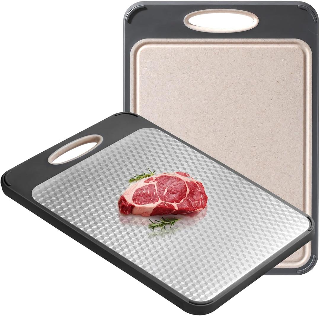 Stainless Steel Cutting Board Large 16" X 11", Scratch-Resistant Double Sided Cutting Board for Kitchen, Stainless Steel/Wheat Straw PP Non Toxic Chopping Board for Meat/Vegetables, Dishwasher Safe