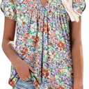onlypuff Tops for Women Plus Size Summer Outfits Trendy Floral Puffy Short Sleeve T Shirts Chest Pleatings Flower 3XL
