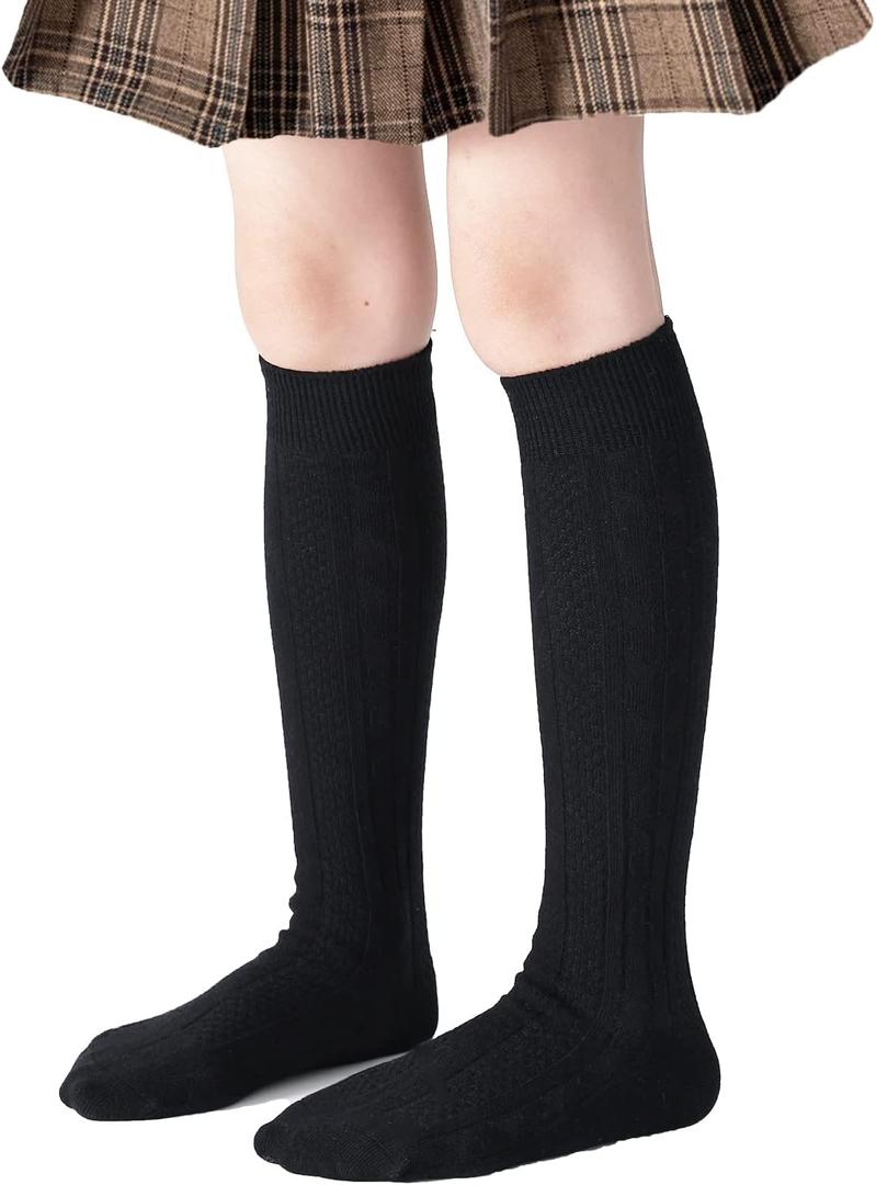 Marchare Girls Knee High Socks Kids Boys School Uniform Seamless Cable Knit Cotton Socks Stockings White Black Navy 3/6 Pack (Black)