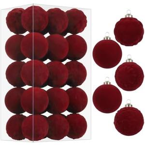 RoseCraft 28PCS Burgundy Velvet Christmas Ball Ornaments Set, 60MM/2.3Inch Shatterproof Flocked Ornament for Christmas Tree Hanging Holiday Valentine's Day Party Xmas Decorations.