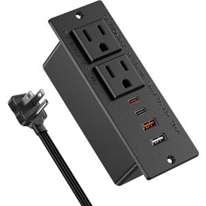 30W USB C Recessed Power Strip,Flat Plug Power Strip,2 Outlets 4 USB Ports,Furniture Flush Mount Desk Outlet,Recessed Outlet for Side Table/Sofa Table,10ft Cord(Black)