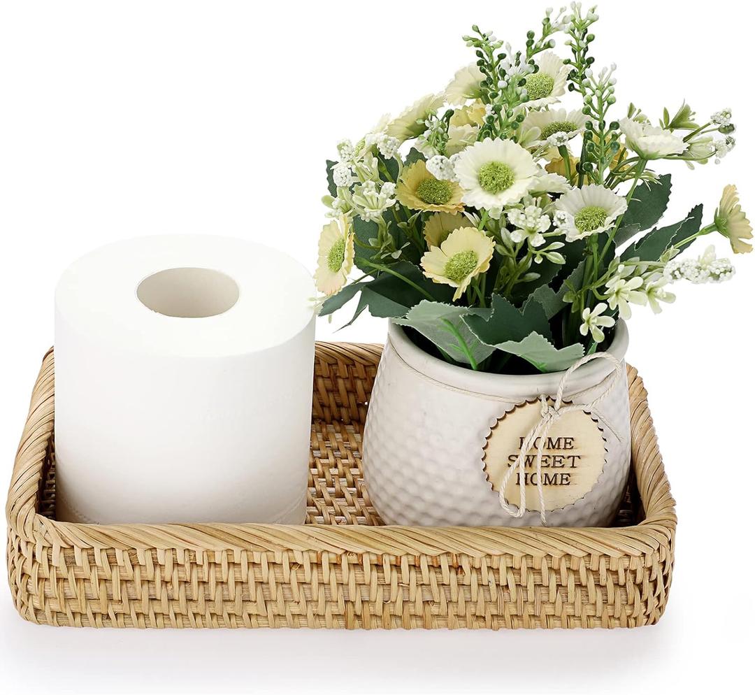Sumnacon 10 Inch Rattan Bathroom Vanity Tray - Decorative Wicker Toilet Tank Tray for Paper Hand Towel, Vintage Storage Basket Bin for Bathroom Kitchen Toilet Tank Vanity Countertop Table Shelf (10" x 6.1" x 1.8", Yellow)