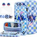 HYPERCASE Cute Carrying Case Set for Nintendo Switch OELD, with Blue Cartoon Travel Bag for OLED Accessories, Hardshell Switch OLED Protective Cover, Screen Protector, Shoulder Straps & 2 thump caps
