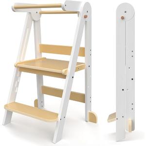 Foldable Toddler Tower Wooden Step Stool for Kids Folding Toddler Learning Tower Kitchen Helper Stand Toddlers Child Steps Stool for Bathroom, White