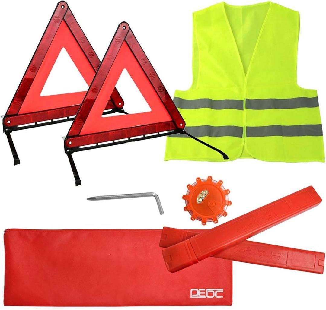 DEDC Car Safety Triangle Warning Kit, Set of 4 Roadside Emergency Kit with Reflective Warning Triangle,Visibility Roadside Vest, LED Road Flares Emergency Lights