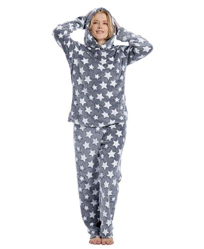 Istylish Womens Pajamas Fleece Set Jogger Sets Pajamas For Women Sets Soft 2 Piece With Hoodie(Shimmer Dark Grey Stars XL)