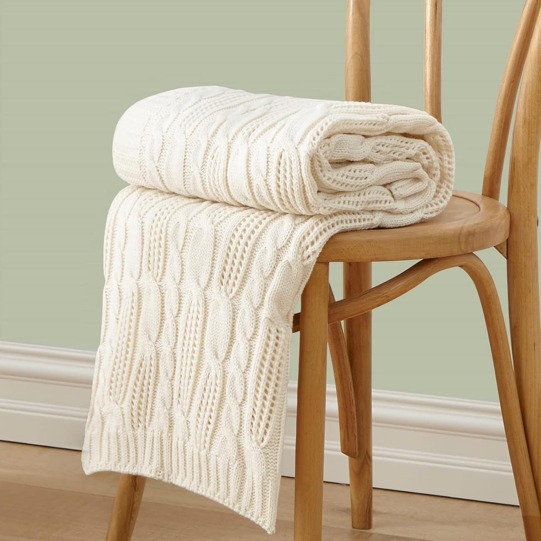 Aormenzy Cable Knit Throw Blankets 30 x 40 Inches, Soft Cozy and Lightweight Knitted Blanket, Machine Washable 100 Percent Acrylic Blanket, Decorative Throw Blanket for Couch Sofa Bed, Cream White