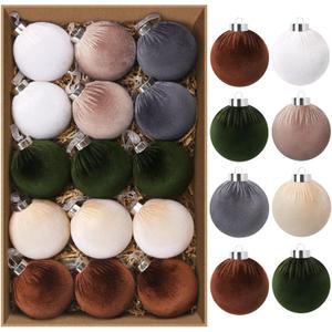 15 PCS Velvet Ornaments for Christmas Tree,3.15 in Large Velvet Christmas Tree Ornaments,6 Color Shatterproof Green Brown Neutral Flocked Ornament Balls Bulbs for Holiday Decorations
