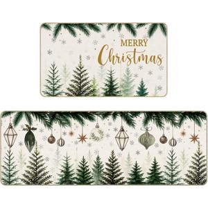 Tinideya Neutral Christmas Kitchen Mats Rugs Set of 2 Xmas Tree Farmhouse Merry Christmas Winter Holiday Mat Decor Non Slip for Indoor Home Kitchen Floor Bathroom(Xmas Tree)
