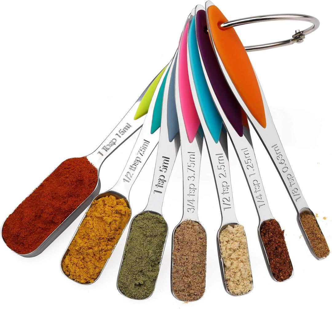 Measuring Spoons Set Stainless Steel Long Handle Measuring Spoons Stackable Heavy Duty Metal Teaspoon Tablespoon Measure Spoon Set of 7 for Measuring Dry Liquid Ingredients, By YellRin