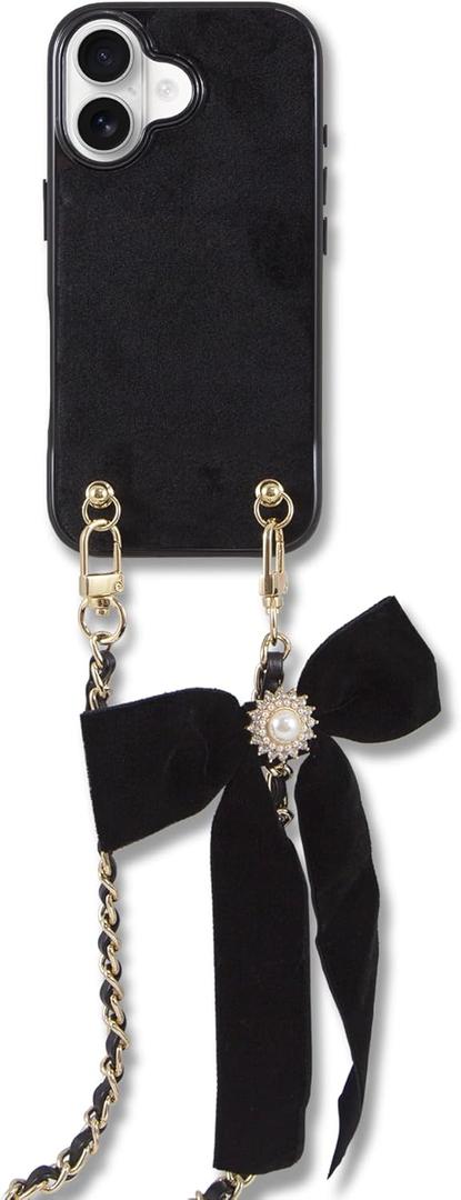 Crossbody Case for iPhone 16 with Gold and Vegan Leather Woven Detachable Chain - Black