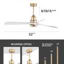 White and Gold Ceiling Fans with Lights and Remote, 52inch Modern Gold Ceiling Fan ETL Listed, 3 Downrods, 3 blades Gold Fan Reversible Quiet DC Motor, Timer,6-Speed for Outdoor Indoor,52in,White Gold