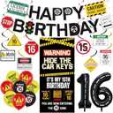 Roetyce 16th Birthday Decorations Boys Girls, Hide The Car Keys Happy 16th Birthday Banner Backdrop Balloons Hanging Swirls, Caution Logo Themed 16 Years Old Party Yard Door Wall Cover Background