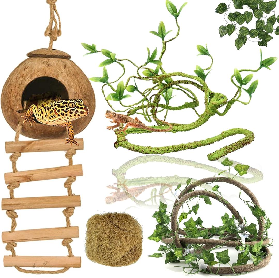 Crested Gecko Tank Accessories，Reptile Vines Plants with Coconut Shell Ladder Hideout Hermit Crab Decor for Bearded Dragon Lizard Chameleon Tortoise Snake
