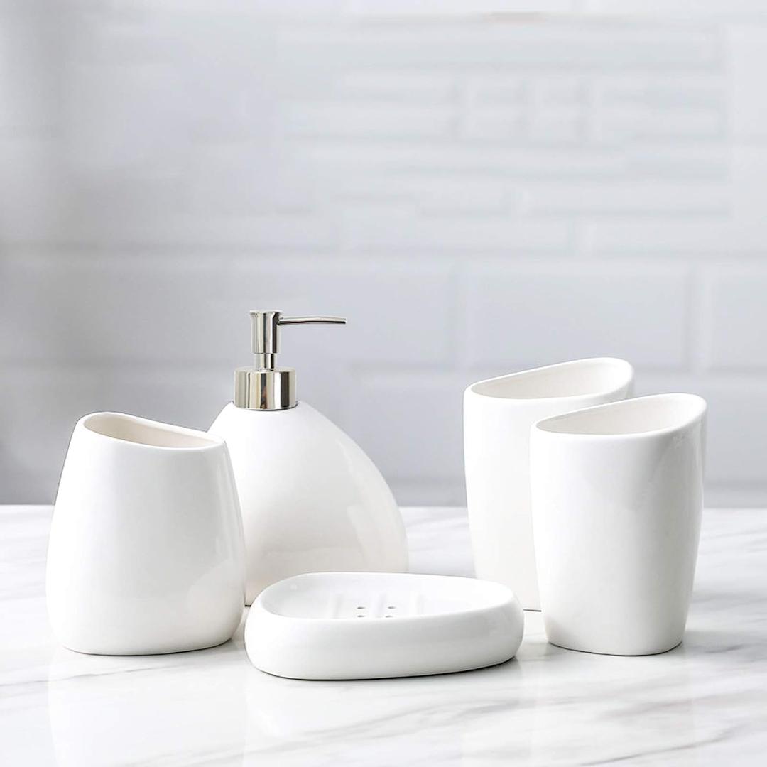 White Ceramic Bathroom Accessory Set, Bathroom Vanity Countertop Set, Bathroom Soap Dispenser and Toothbrush Holder Set Complete, 2 Tumbler Cup, Soap Dish, 5 Pieces