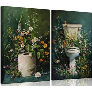 2Pcs Dark Green Bathroom Canvas Wall Art Botanical Toilet Moody Wildflowers Posters Prints Vintage Flowers Wall Pictures Decor for Bathroom Toilet Washroom Decorations (16"L x 12"W Canvas)