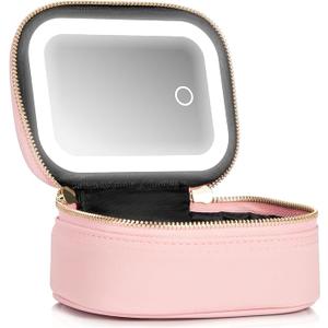 Mini Makeup Bag with Led Mirror, Small Travel Make up Bag 3 Light Modes Adjustable Brightness, for Women Organizer Cosmetic Bag, Portable Travel Train Toiletry Bag, for Pool Parties Work TouchUps
