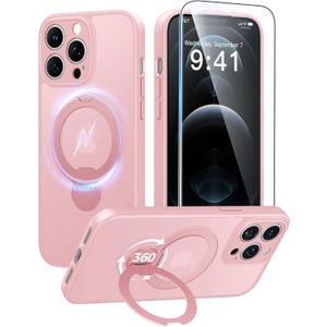 FNTCASE for iPhone 12 Pro-Max Case: [360 Spin Magnetic Stand] [Compatible with Magsafe] [Screen Protector] Translucent Matte Military Grade Shockproof Full Camera Protective Phone Cover - Pink