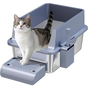 Enclosed Stainless Steel Cat Litter Box with Lid Extra Large Litter Box for Big Cats XL Metal Litter Pan Tray with High Wall Sides Enclosure, Non-Sticky, Anti-Leakage, Easy Cleaning (8 in Dark Grey)