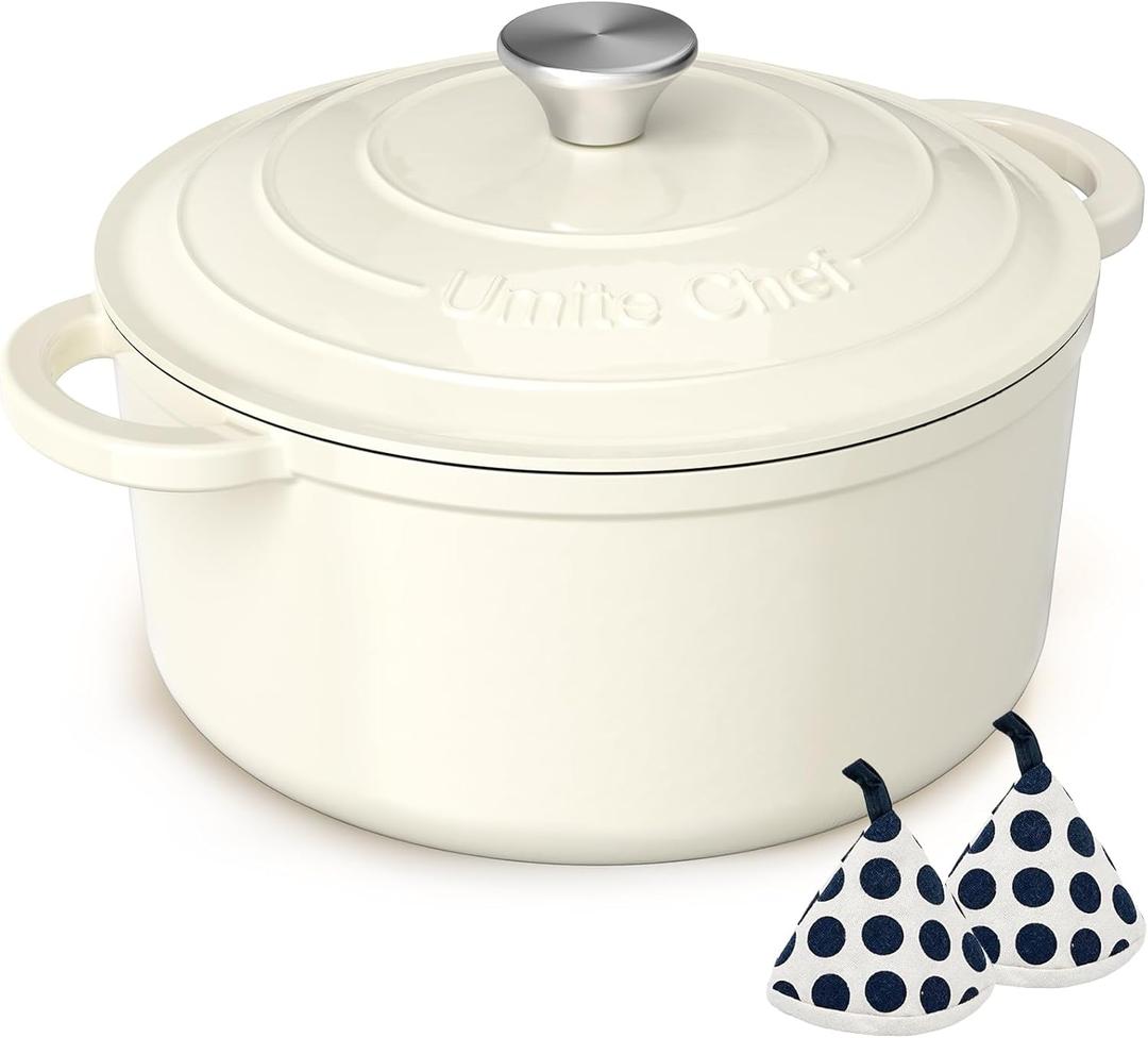 Enameled Cast Iron Dutch Oven - Umite Chef 5QT Pot with Lid & Cotton Potholders - Heavy-Duty Cookware for Bread Baking, Braising, Stews, Roasting (Cream White)