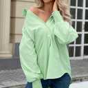 OMSJ Womens Striped Button Down Shirts Smocked Cuffed Sleeve Stylish Collared Office Work Blouses with Pocket (XL)