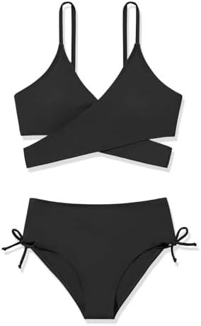 ESHOO Girls Swimsuits 2 Piece Bathing Suit Cute Bikini Sets V Neck Criss Cross Swimwear with Chest Pad for Teen Girls 13-14Y